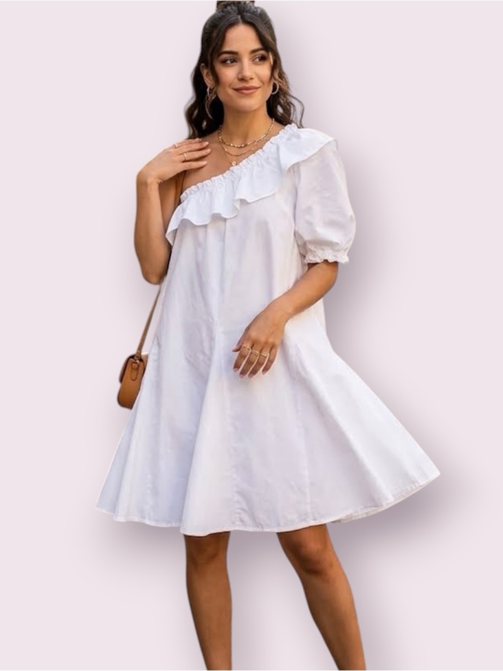 Rhode One Shoulder Short Sleeve Cotton Mini Dress Ruffle Neckline White Size XS